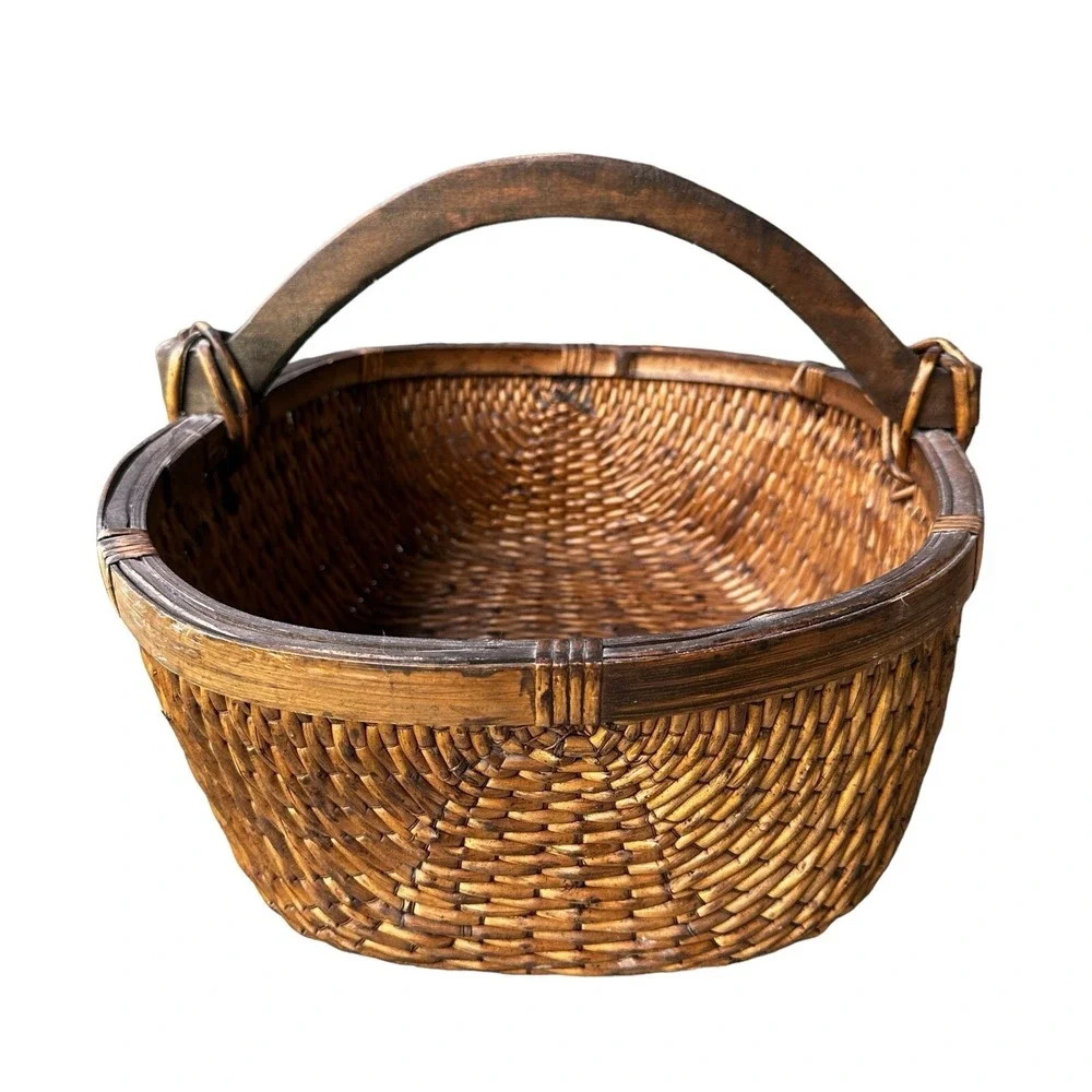 VTG Antique Asian Willow Basket 18x13x12 Inch Wood Handle Large Hand Woven